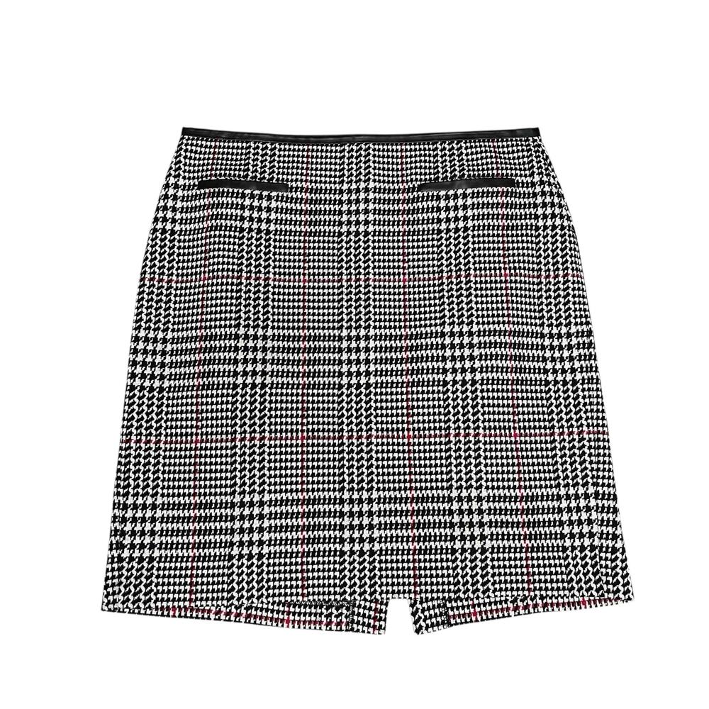 Talbots Black White Red Houndstooth Ponte Pencil Skirt Faux Leather Trim Size 16